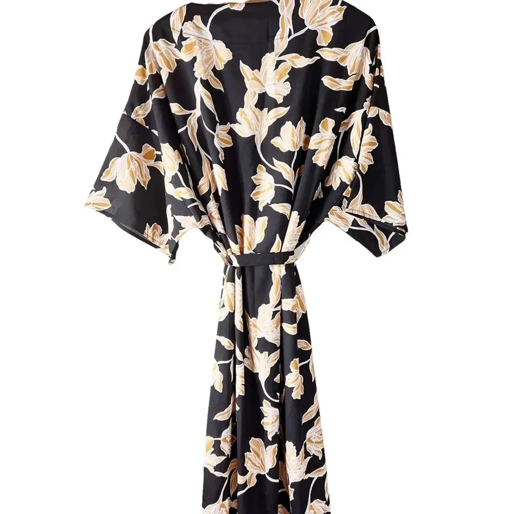 Maison Du Soir Black Floral Kimono Robe S M‎